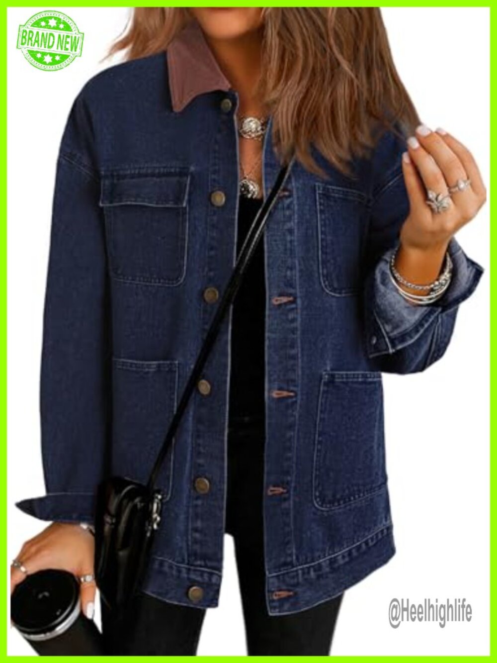 Denim Jacket Women Oversized Barn Coat Corduroy Collar Long Sleeve